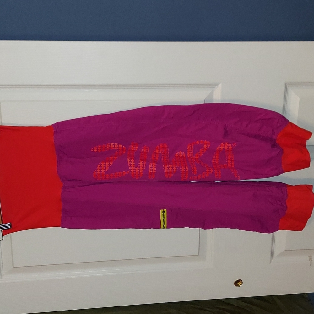 Zumba Fitness Purple Joggers with Red Waistband and Neon Yellow Zip